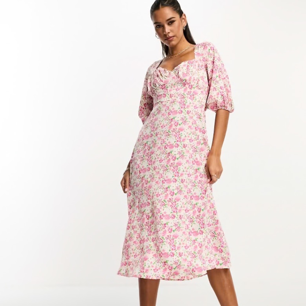LOLA MAY Tie Back Puff Sleeve Midi Smock Dress Pink Floral ASOS NWT UK 10/ US 6